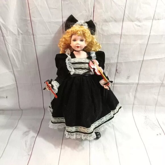 Porcelain Doll 16" With Black Lace Dress Holding Violin Instrument No Stand - Picture 1 of 9